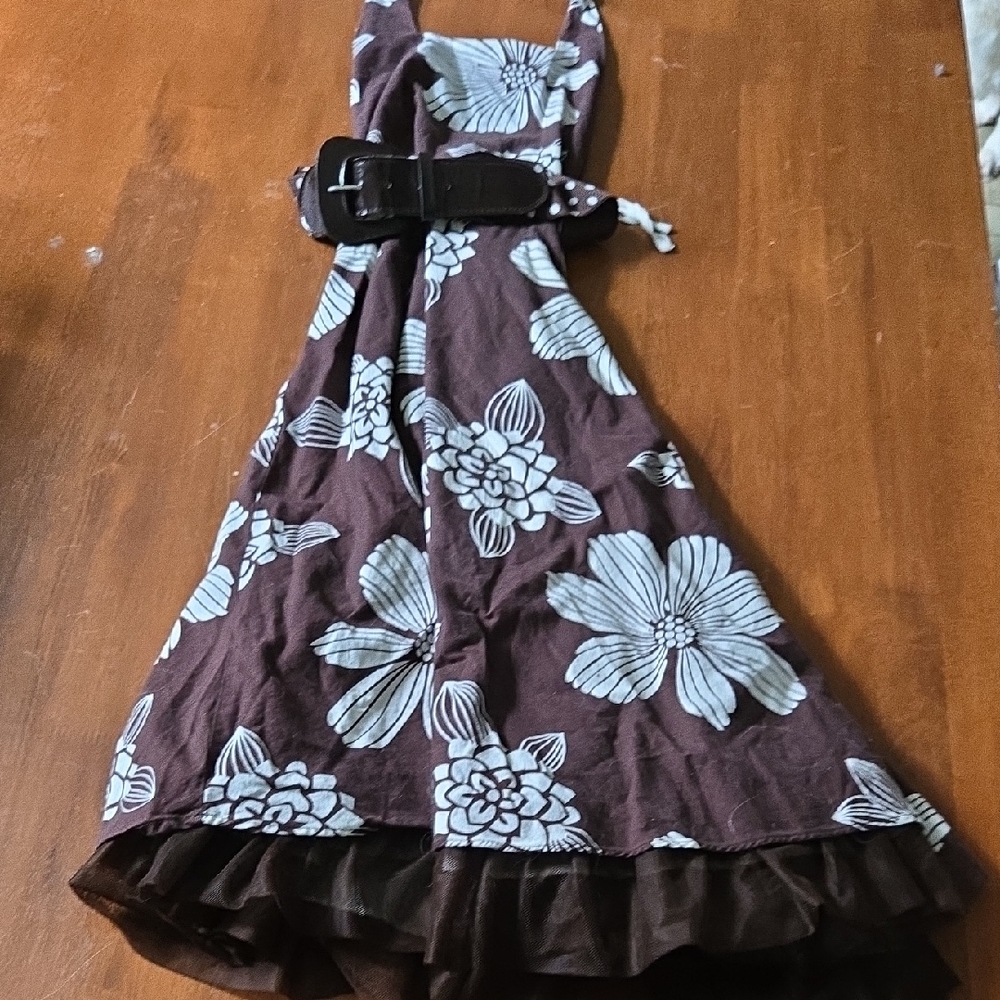 Girls Brown Floral Halter Dress with Belt